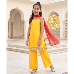Pine Kids Woven Singlet Sleeves Floral Sequin Embroidered Kurta & Salwar Set with Dupatta - Mustard