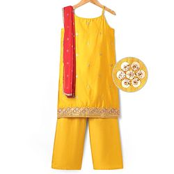 Pine Kids Woven Singlet Sleeves Floral Sequin Embroidered Kurta & Salwar Set with Dupatta - Mustard