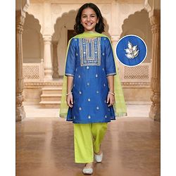 Pine Kids Woven Three Fourth Sleeves Kurti Chudidar Set With Floral Embroidery & Dupatta - Blue