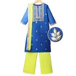 Pine Kids Woven Three Fourth Sleeves Kurti Chudidar Set With Floral Embroidery & Dupatta - Blue