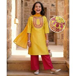 Pine Kids Woven Three Fourth Sleeves Kurta Salwar Set With Embroidery Detailing & Dupatta - Mustard
