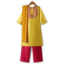 Pine Kids Woven Three Fourth Sleeves Kurta Salwar Set With Embroidery Detailing & Dupatta - Mustard
