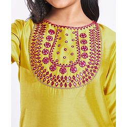 Pine Kids Woven Three Fourth Sleeves Kurta Salwar Set With Embroidery Detailing & Dupatta - Mustard