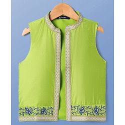 Pine Kids Woven Full Sleeves Solid Color Kurta Pyjama Set with Floral Embroidered Jacket - White & Green