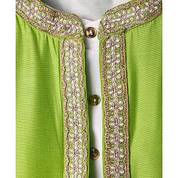 Pine Kids Woven Full Sleeves Solid Color Kurta Pyjama Set with Floral Embroidered Jacket - White & Green