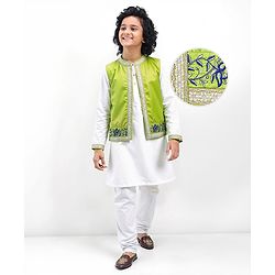 Pine Kids Woven Full Sleeves Solid Color Kurta Pyjama Set with Floral Embroidered Jacket - White & Green