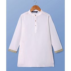 Pine Kids Woven Full Sleeves Solid Color Kurta Pyjama Set with Floral Embroidered Jacket - White & Green