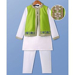 Pine Kids Woven Full Sleeves Solid Color Kurta Pyjama Set with Floral Embroidered Jacket - White & Green