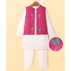 Pine Kids Woven Full Sleeves Kurta Pajama Set With Floral Embroidered Jacket - White