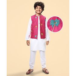 Pine Kids Woven Full Sleeves Kurta Pajama Set With Floral Embroidered Jacket - White