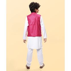Pine Kids Woven Full Sleeves Kurta Pajama Set With Floral Embroidered Jacket - White