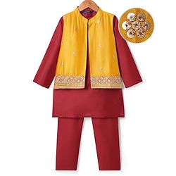 Pine Kids Woven Full Sleeves Solid Color Kurta Pyjama Set with Floral Embroidered & Mirror Work Detailing Jacket - Maroon & Yellow