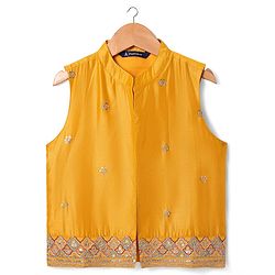 Pine Kids Woven Full Sleeves Solid Color Kurta Pyjama Set with Floral Embroidered & Mirror Work Detailing Jacket - Maroon & Yellow
