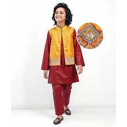 Pine Kids Woven Full Sleeves Solid Color Kurta Pyjama Set with Floral Embroidered & Mirror Work Detailing Jacket - Maroon & Yellow