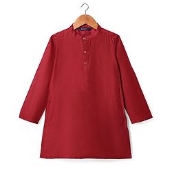 Pine Kids Woven Full Sleeves Solid Color Kurta Pyjama Set with Floral Embroidered & Mirror Work Detailing Jacket - Maroon & Yellow