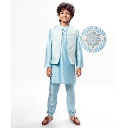 Pine Kids Woven Full Sleeves Kurta Pyjama Set With Floral Embroidered Jacket - Light Blue