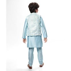 Pine Kids Woven Full Sleeves Kurta Pyjama Set With Floral Embroidered Jacket - Light Blue
