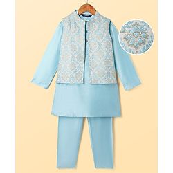 Pine Kids Woven Full Sleeves Kurta Pyjama Set With Floral Embroidered Jacket - Light Blue
