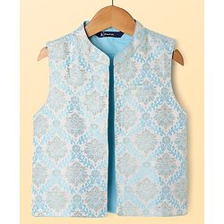 Pine Kids Woven Full Sleeves Kurta Pyjama Set With Floral Embroidered Jacket - Light Blue