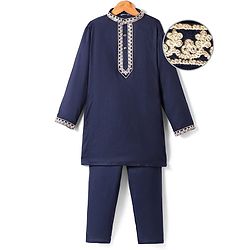 Pine Kids Woven Full Sleeves Kurta Pyjama Set With Lace Detailing - Navy Blue