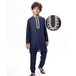 Pine Kids Woven Full Sleeves Kurta Pyjama Set With Lace Detailing - Navy Blue