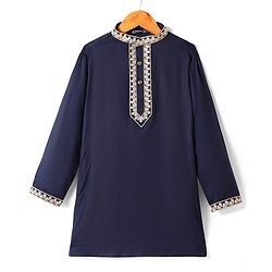 Pine Kids Woven Full Sleeves Kurta Pyjama Set With Lace Detailing - Navy Blue