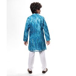 Pine Kids Woven Full Sleeves Kurta Pyjama Set With Sequin Detailing - Blue