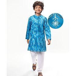 Pine Kids Woven Full Sleeves Kurta Pyjama Set With Sequin Detailing - Blue