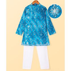 Pine Kids Woven Full Sleeves Kurta Pyjama Set With Sequin Detailing - Blue