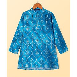 Pine Kids Woven Full Sleeves Kurta Pyjama Set With Sequin Detailing - Blue