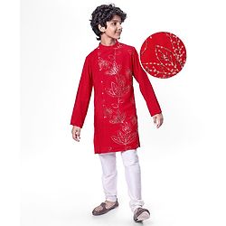 Pine Kids Woven Full Sleeves Floral & Sequinned Detailing Kurta & Pyjama Set - Red