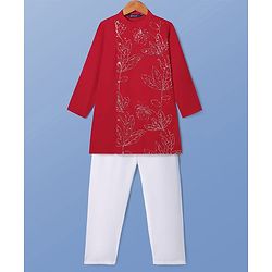Pine Kids Woven Full Sleeves Floral & Sequinned Detailing Kurta & Pyjama Set - Red
