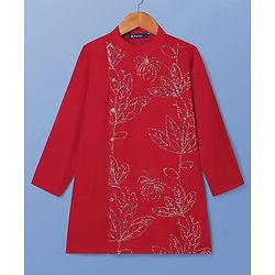Pine Kids Woven Full Sleeves Floral & Sequinned Detailing Kurta & Pyjama Set - Red