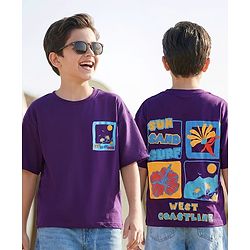 Pine Kids Cotton Knit Half Drop Shoulder Sleeves T-Shirt with Beach Theme Print - Purple