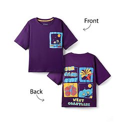 Pine Kids Cotton Knit Half Drop Shoulder Sleeves T-Shirt with Beach Theme Print - Purple