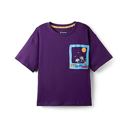Pine Kids Cotton Knit Half Drop Shoulder Sleeves T-Shirt with Beach Theme Print - Purple