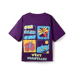 Pine Kids Cotton Knit Half Drop Shoulder Sleeves T-Shirt with Beach Theme Print - Purple