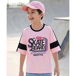 Pine Kids Cotton Knit Half Sleeves Cut & Sew Oversized T-Shirt with Text Print - Light Pink