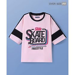 Pine Kids Cotton Knit Half Sleeves Cut & Sew Oversized T-Shirt with Text Print - Light Pink