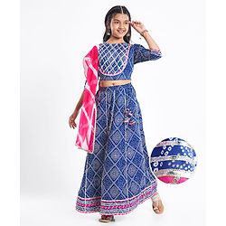 Pine Kids Rayon Woven Full Sleeves Choli Lehenga Set & Dupatta With Bandhani Print & Lace Detailing - Blue