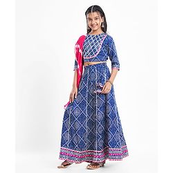 Pine Kids Rayon Woven Full Sleeves Choli Lehenga Set & Dupatta With Bandhani Print & Lace Detailing - Blue