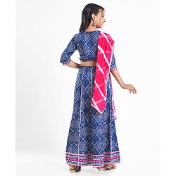 Pine Kids Rayon Woven Full Sleeves Choli Lehenga Set & Dupatta With Bandhani Print & Lace Detailing - Blue