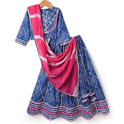 Pine Kids Rayon Woven Full Sleeves Choli Lehenga Set & Dupatta With Bandhani Print & Lace Detailing - Blue