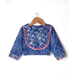 Pine Kids Rayon Woven Full Sleeves Choli Lehenga Set & Dupatta With Bandhani Print & Lace Detailing - Blue
