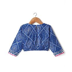 Pine Kids Rayon Woven Full Sleeves Choli Lehenga Set & Dupatta With Bandhani Print & Lace Detailing - Blue