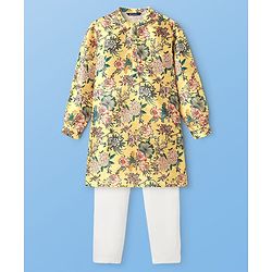 Pine Kids Woven Full Sleeves Kurta & Pajama Set with Floral Print -Mustard