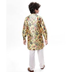 Pine Kids Woven Full Sleeves Kurta & Pajama Set with Floral Print -Mustard