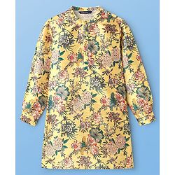 Pine Kids Woven Full Sleeves Kurta & Pajama Set with Floral Print -Mustard