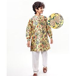 Pine Kids Woven Full Sleeves Kurta & Pajama Set with Floral Print -Mustard