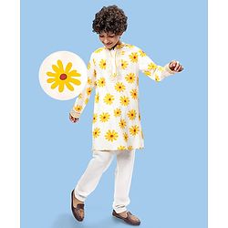 Pine Kids Woven Full Sleeves Kurta & Pajama Set with Lace Detailing & Floral Print - White